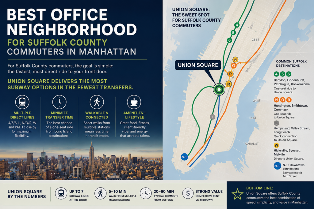 Best Office Neighborhood for Suffolk County Commuters in Manhattan