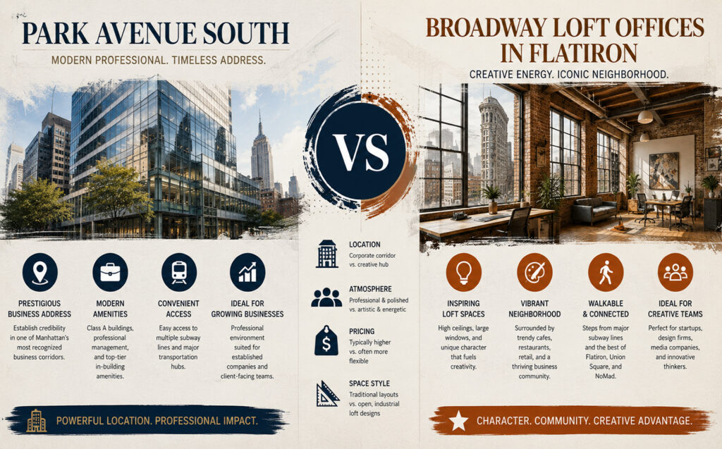 Park Avenue South vs Broadway Loft Offices in Flatiron