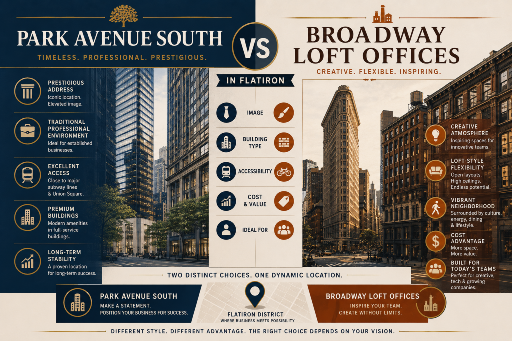 Park Avenue South vs Broadway Loft Offices in Flatiron