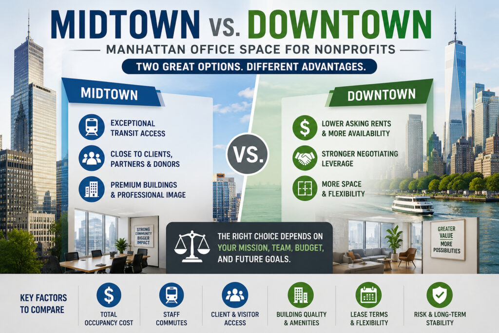 Midtown vs. Downtown Manhattan Office Space for Nonprofits