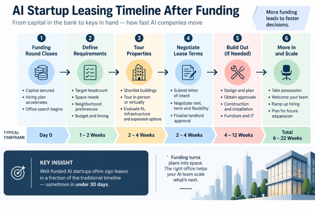 AI startup leasing timeline after funding